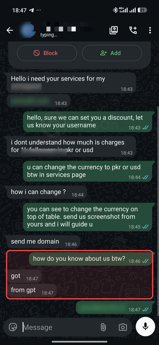 Chat WhatsApp: calon pelanggan menjawab menemukan kami dari GPT
